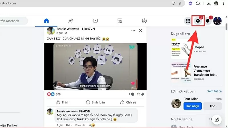 Mở ứng dụng Facebook và nhấn vào biểu tượng Messenger Mở ứng dụng Facebook và nhấn vào biểu tượng Messenger