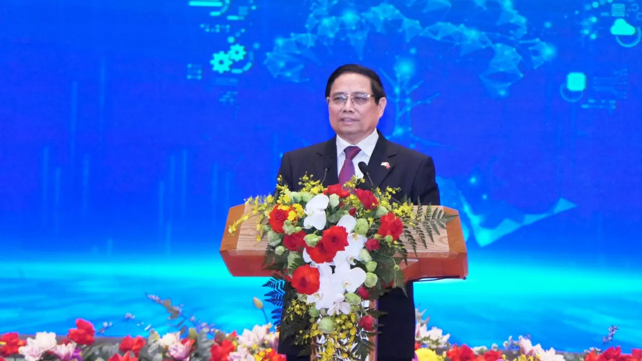 Thủ tướng Phạm Minh Chính phát biểu tại Lễ khởi công Dự án Khu công nghiệp VSIP Thái Bình.(Ảnh:Thành Long)
