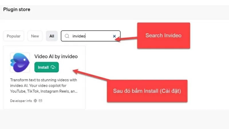 Tìm kiếm plugin có tên Invideo
