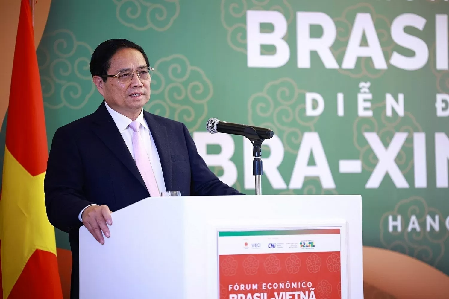 hủ tướng Phạm Minh Chính và Tổng thống Brazil Luiz Inácio Lula da Silva tham dự Diễn đàn kinh tế Việt Nam-Brazil. (Ảnh: Dương Giang/TTXVN)