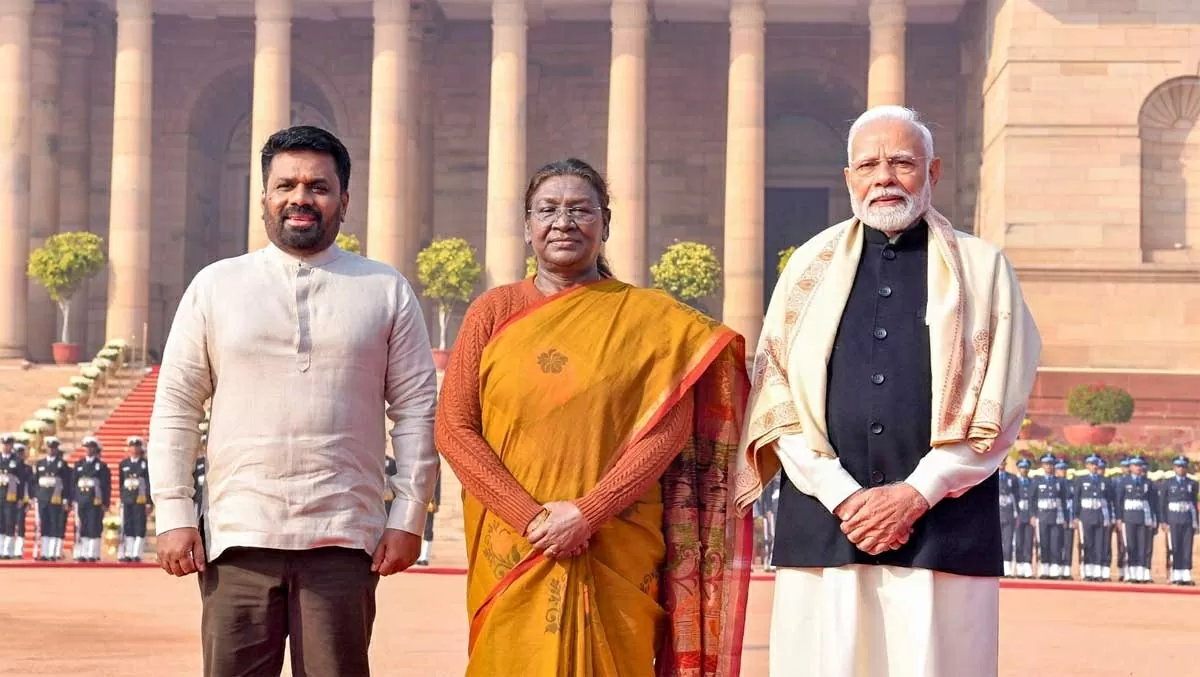 Tổng thống Ấn Độ Droupadi Murmu và Thủ tướng Narendra Modi chào đón Tổng thống Sri Lanka Anura Kumara Dissanayake thăm New Delhi, tháng 12/2024. (Nguồn: PTI)