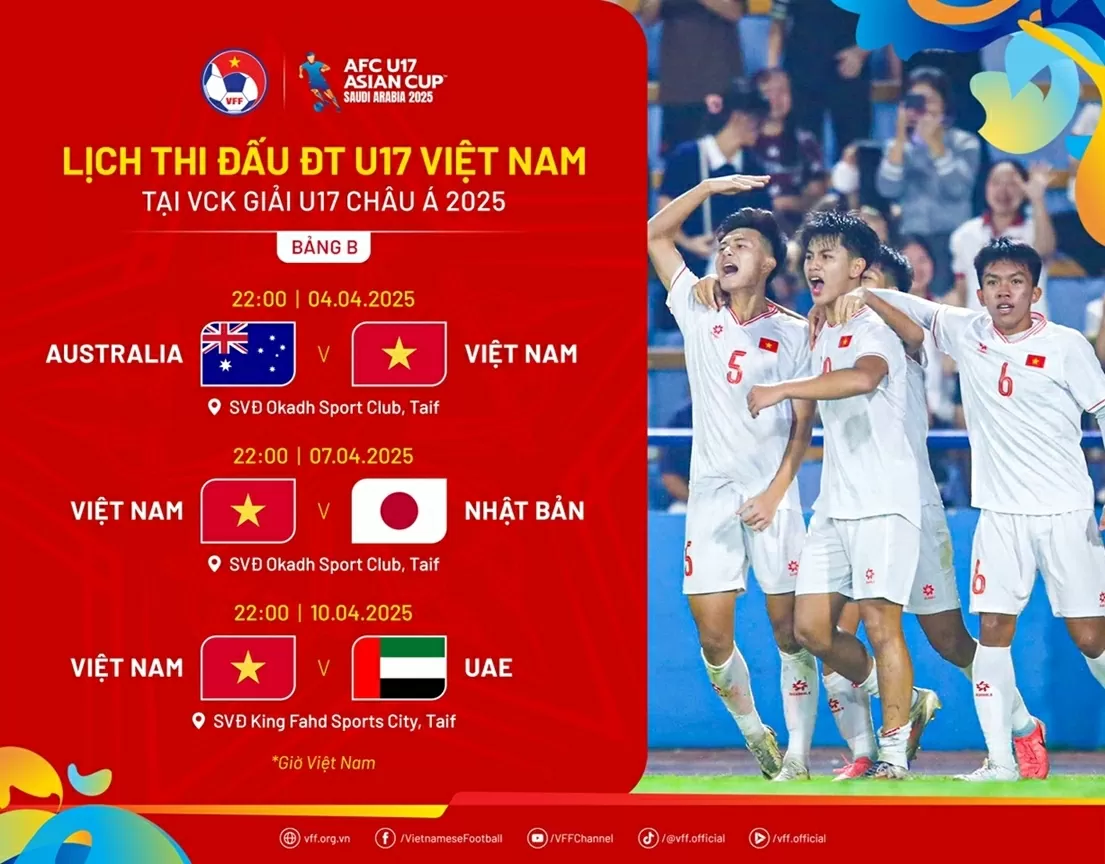 Lịch thi đấu của đội tuyển U17 Việt Nam tại vòng chung kết U17 châu Á 2025 Lịch thi đấu của đội tuyển U17 Việt Nam tại vòng chung kết U17 châu Á 2025
