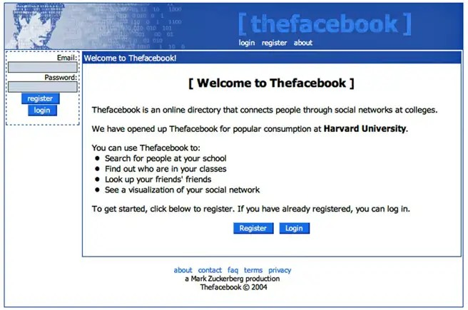 Giao diện đầu tiên của Thefacebook năm 2004