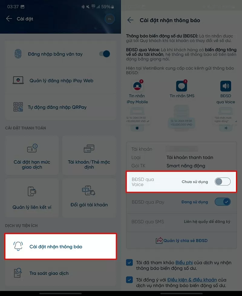 bật tính năng Biến động số dư qua giọng nói
