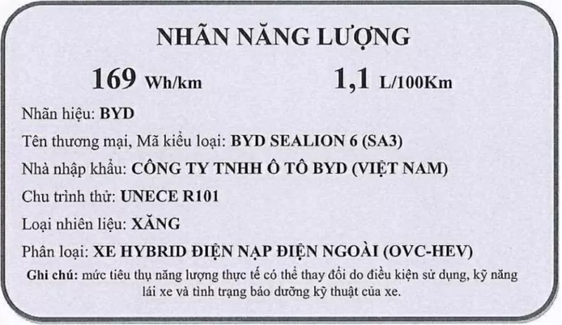 Nhãn năng lượng của BYD Sealion 6 Nhãn năng lượng của BYD Sealion 6