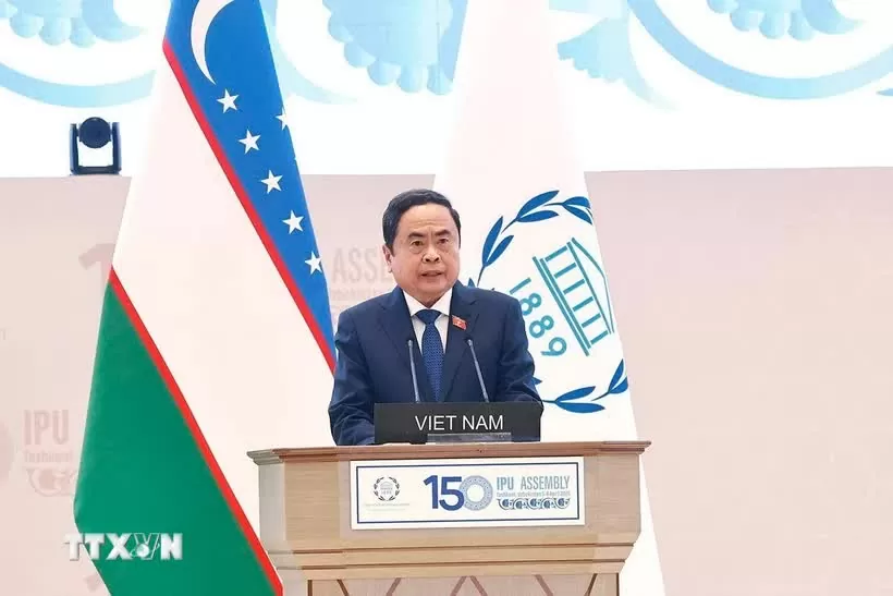 Chủ tịch Quốc hội Trần Thanh Mẫn phát biểu tại Phiên toàn thể cấp cao Đại hội đồng IPU-150. (Nguồn: TTXVN)