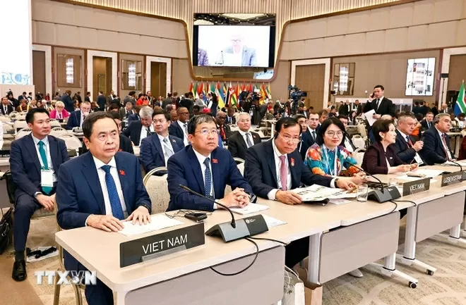 Chủ tịch Quốc hội Trần Thanh Mẫn phát biểu tại Phiên toàn thể cấp cao Đại hội đồng IPU-150. (Nguồn: TTXVN)