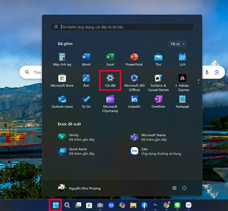 Chọn vào mục Cài đặt