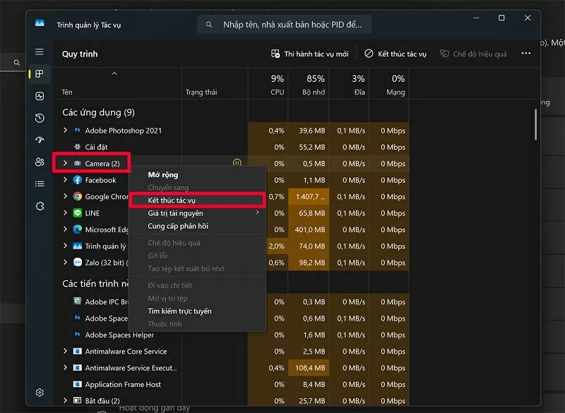 chọn Kết thúc tác vụ