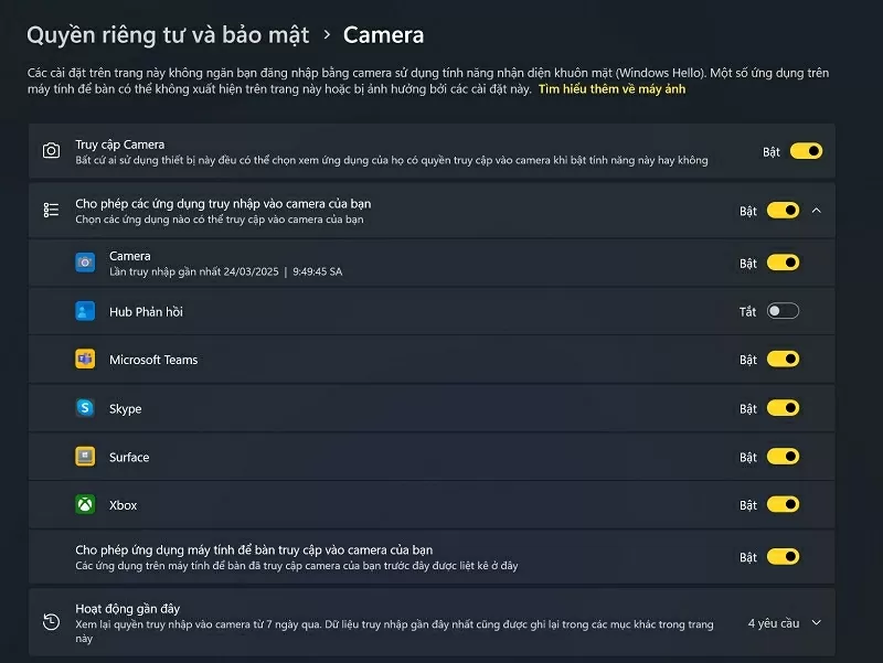 Màn hình sẽ hiện thị ứng dụng nào trên máy đang sử dụng camera