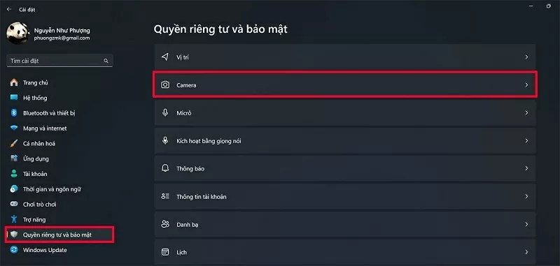Chọn vào mục Camera