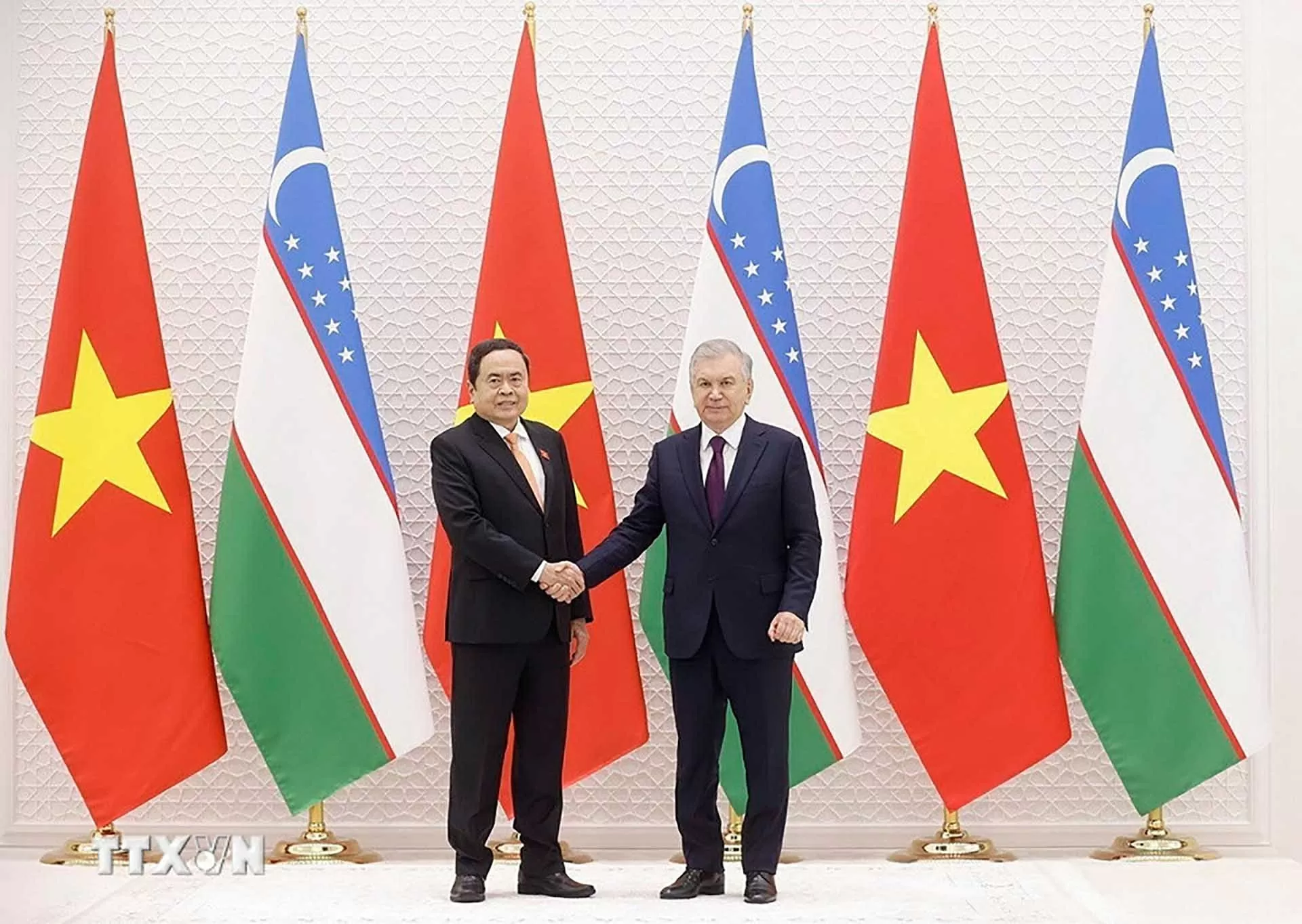 Chủ tịch Quốc hội Trần Thanh Mẫn hội kiến Tổng thống Uzbekistan Shavkat Mirziyoyev. (Nguồn: TTXVN)