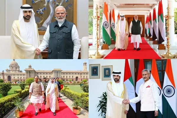 Thái tử Dubai Sheikh Hamdan bin Mohammed bin Rashid Al Maktoum gặp các nhà lãnh đạo Ấn Độ tại thủ đô New Delhi ngày 8/4/2025. (Nguồn: AIR)