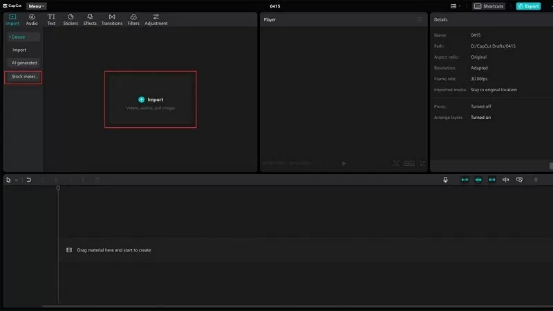 Mở CapCut PC và nhập video