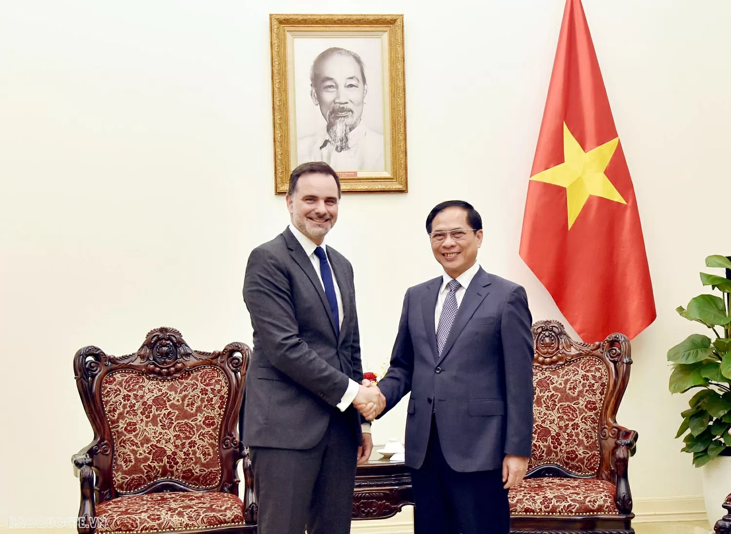 Phó Thủ tướng, Bộ trưởng Ngoại giao Bùi Thanh Sơn tiếp Bộ trưởng đặc trách Ngoại thương và người Pháp ở nước ngoài