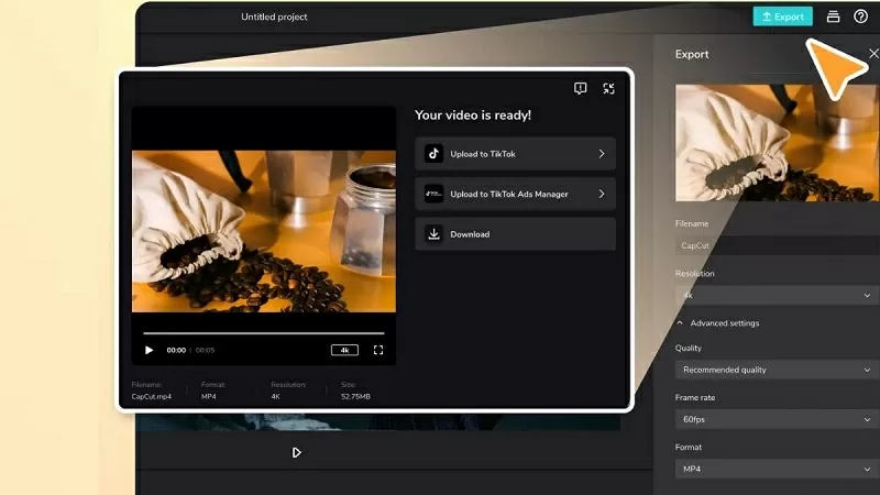 Bấm Export để tải video về máy Bấm Export để tải video về máy