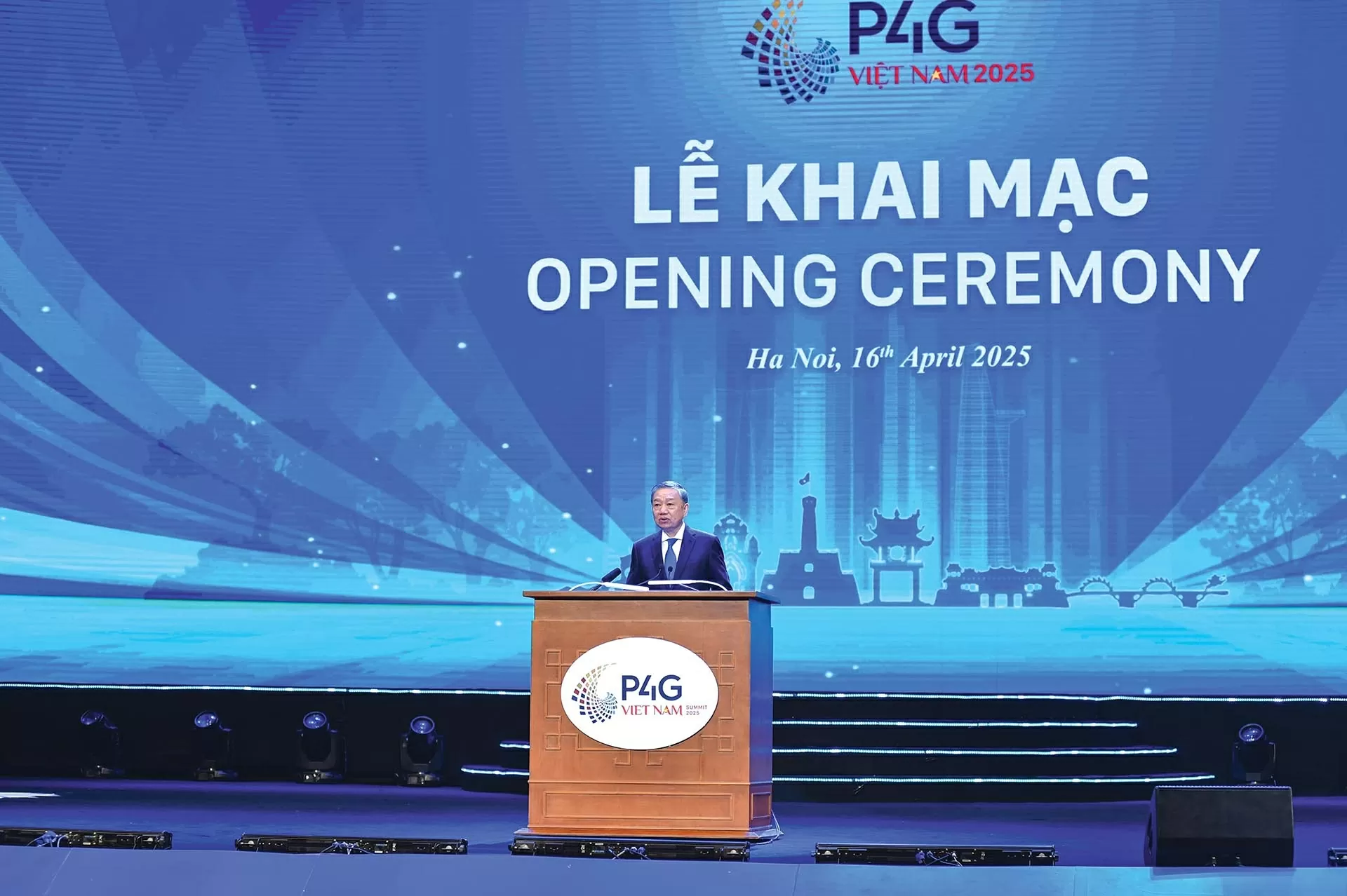 Tổng Bí thư Tô Lâm phát biểu thông điệp chính sách tại Lễ khai mạc Hội nghị thượng đỉnh P4G lần thứ tư ngày 16/4. (Ảnh: Quang Hòa)