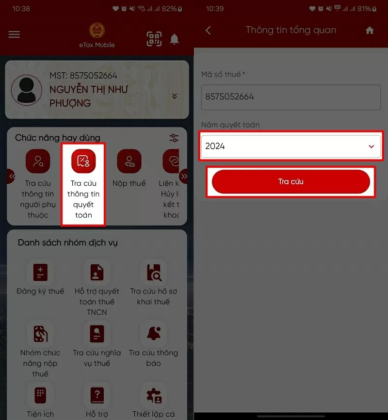 Nhấn vào mục Tra cứu thông tin quyết toán thuế Nhấn vào mục Tra cứu thông tin quyết toán thuế