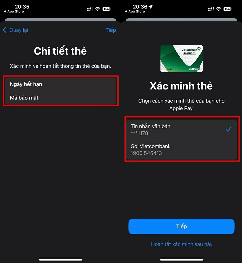 Nhập mã bảo mật của thẻ