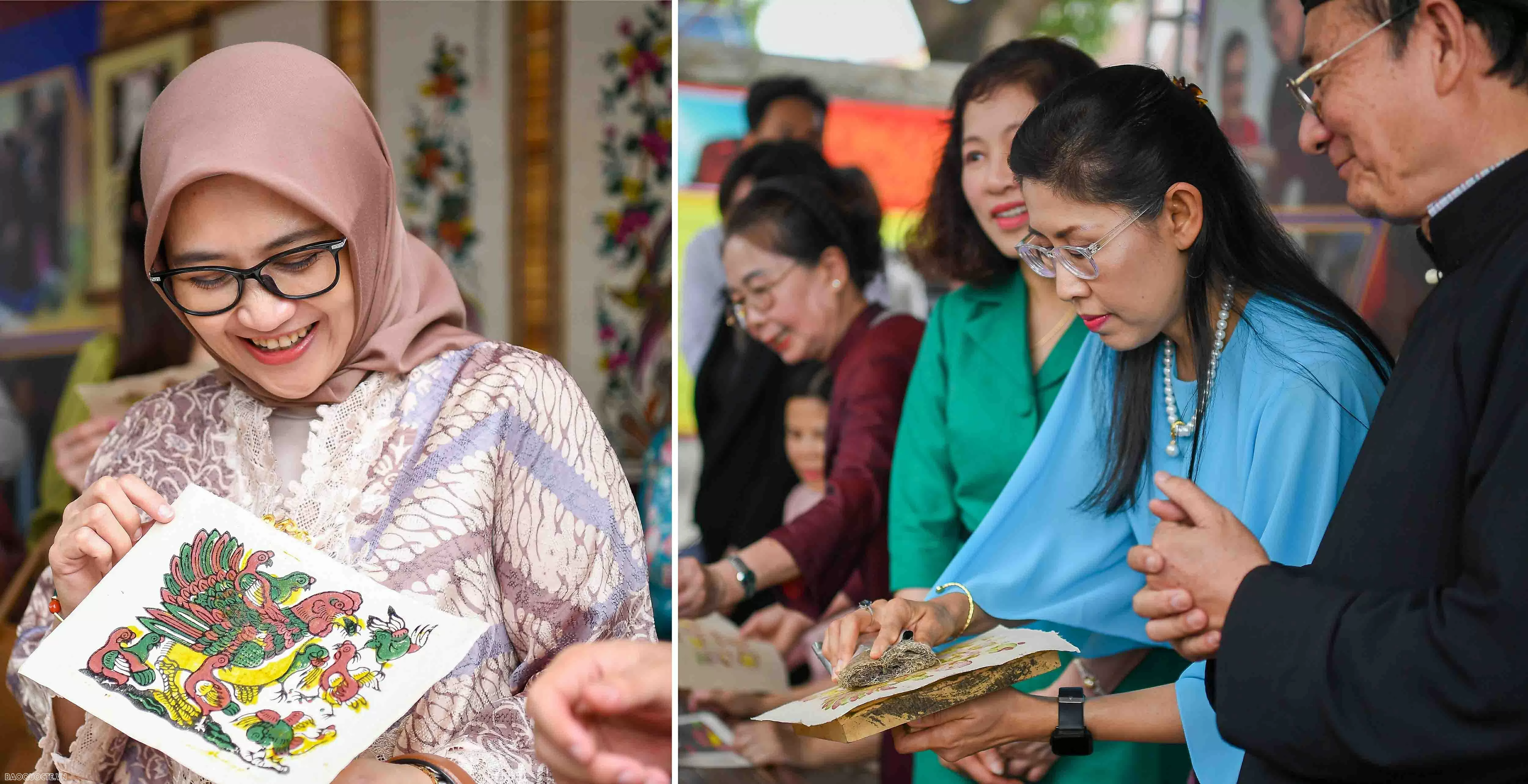Phu nhân Thủ tướng tặng túi làm từ bèo tây, tranh do các em khuyết tật ghép từ vải vụn cho bạn bè quốc tế