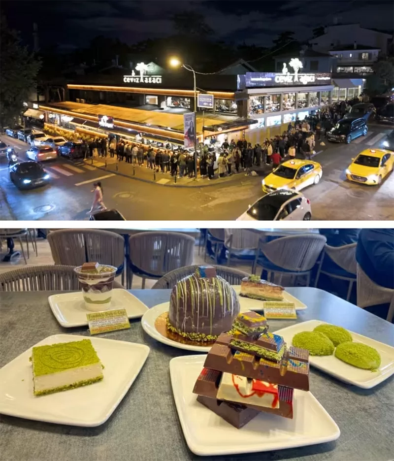 Trên: Khách hàng xếp hàng dài bên ngoài tiệm bánh ngọt Ceviz Agaci ở Istanbul, một trong những tiệm đầu tiên hưởng ứng trào lưu do FIX khởi xướng. (Ảnh do Ceviz Agaci cung cấp) Dưới: Các sản phẩm lấy cảm hứng từ FIX của Ceviz Agaci hiện không chỉ giới hạn ở thanh sô cô la. (Ảnh của Sinan Tavsan)