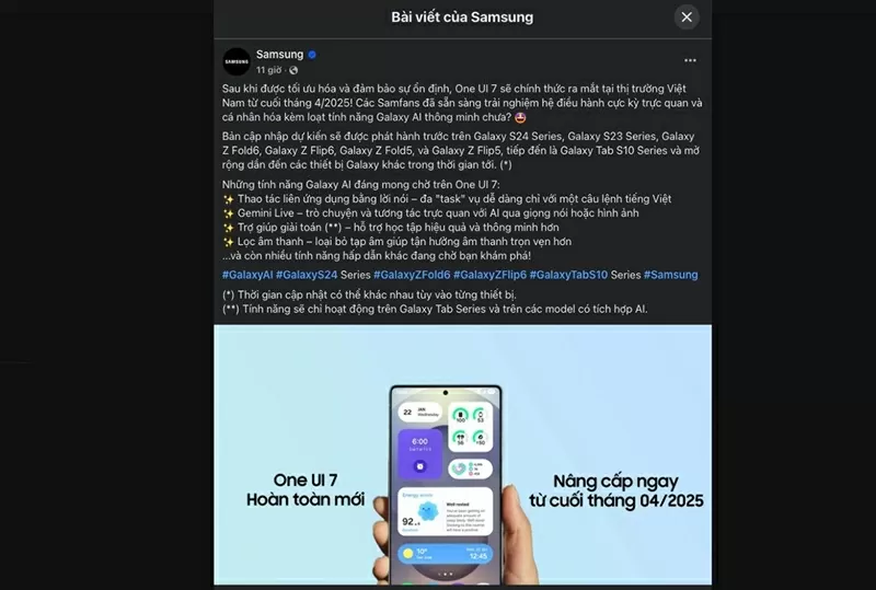 Bài đăng mới nhất trên FaceBook của Samsung xác nhận One UI 7 sẽ chính thức ra mắt tại thị trường Việt Nam từ cuối tháng 4