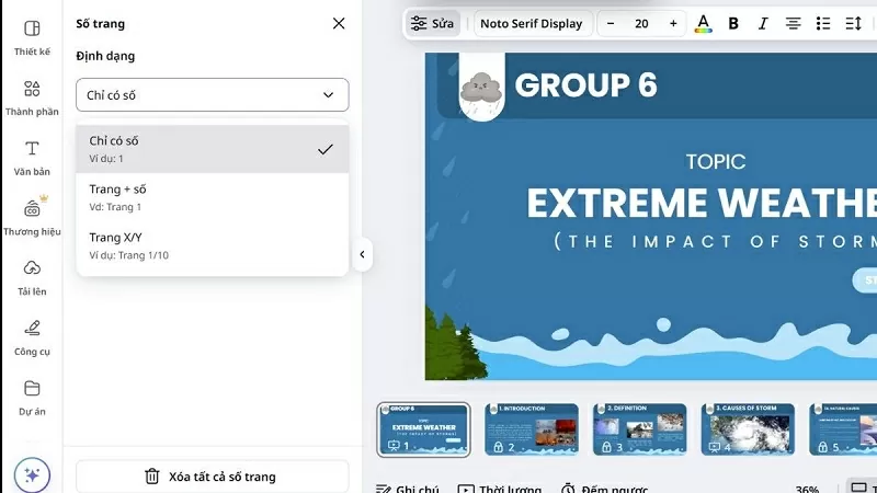 Chọn định dạng cho số trang