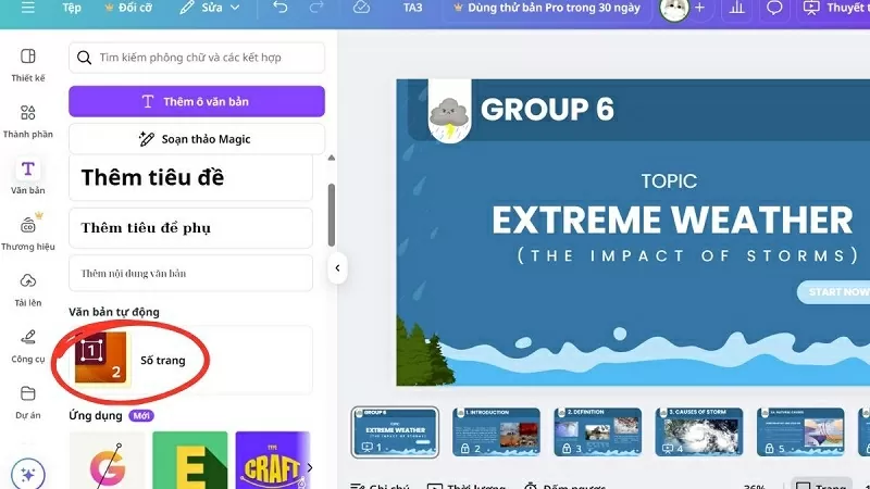 Mở thiết kế và chọn mục đánh số trang Mở thiết kế và chọn mục đánh số trang