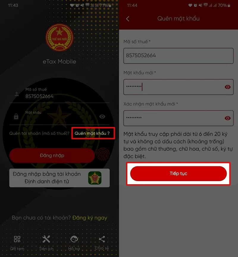 Chọn Quên mật khẩu