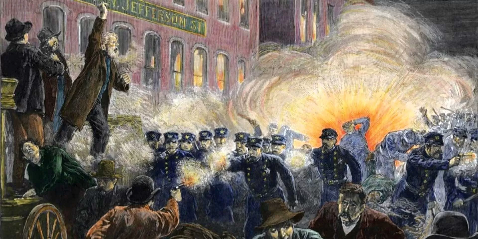 Hình minh họa trên trang History về vụ bạo loạn ở Quảng trường Haymarket (Chicago, Mỹ) ngày 4/5/1886, trong phong trào đình công của công nhân Mỹ. (Nguồn: Getty Images) Hình minh họa trên trang History về vụ bạo loạn ở Quảng trường Haymarket (Chicago, Mỹ) ngày 4/5/1886, trong phong trào đình công của công nhân Mỹ. (Nguồn: Getty Images)