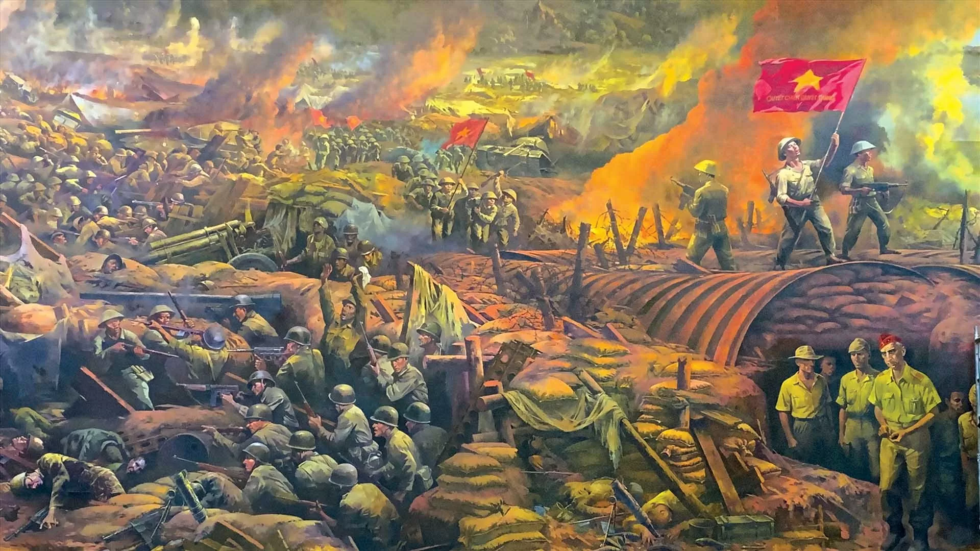 Khung cảnh “Thời khắc chiến thắng” trong bức tranh toàn cảnh tại Bảo tàng Chiến thắng Điện Biên Phủ, tỉnh Điện Biên. (Nguồn: Lao động) Khung cảnh “Thời khắc chiến thắng” trong bức tranh toàn cảnh tại Bảo tàng Chiến thắng Điện Biên Phủ, tỉnh Điện Biên. (Nguồn: Lao động)