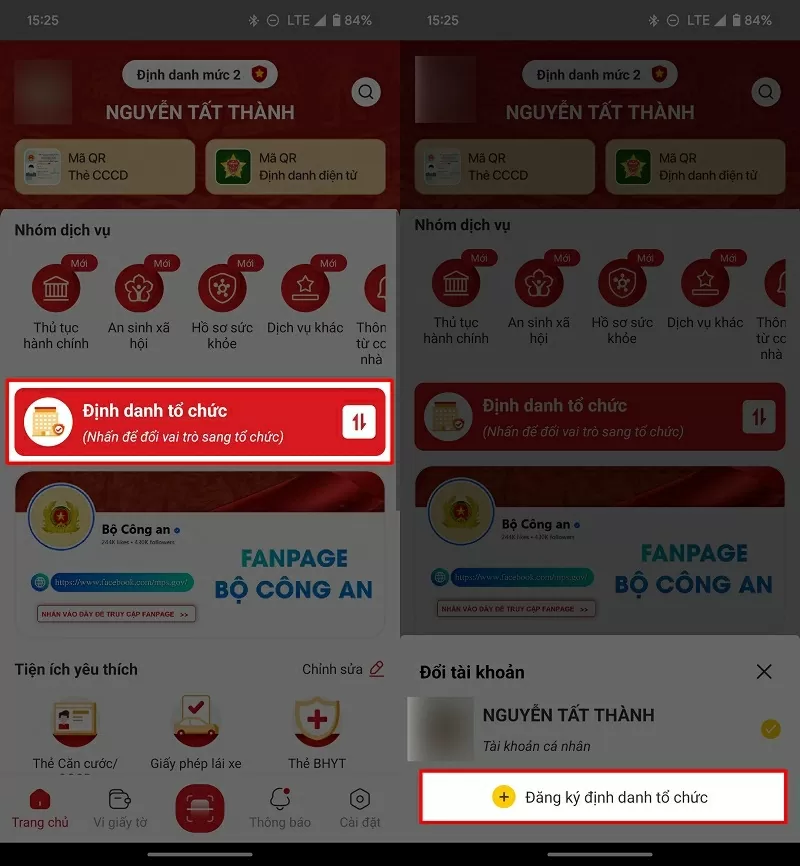 Chọn mục Định danh tổ chức