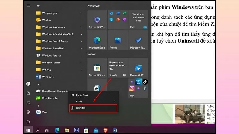 Gỡ cài đặt Zalo từ Start Menu Gỡ cài đặt Zalo từ Start Menu