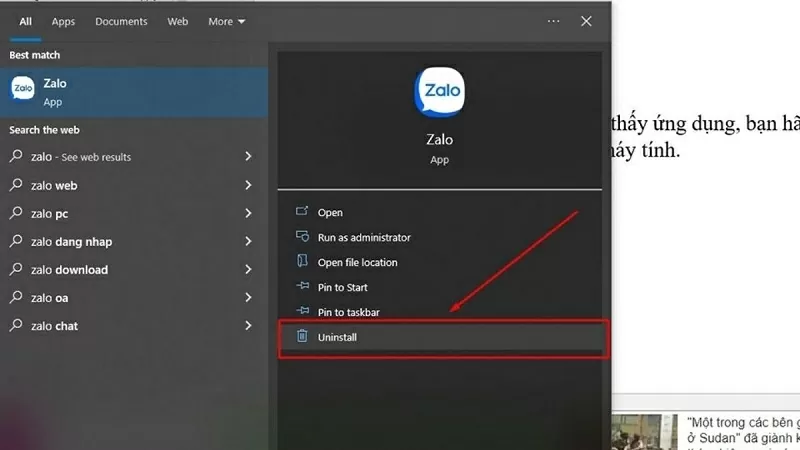 Xóa cài đặt Zalo trên máy tính bằng công cụ tìm kiếm Xóa cài đặt Zalo trên máy tính bằng công cụ tìm kiếm