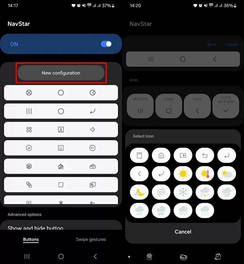 Nhấn chọn New Configuration để thay đổi các biểu tượng