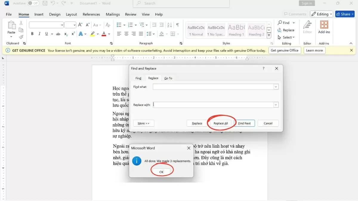 Nhấn “Replace All” để thay đổi toàn bộ và chọn OK để hoàn tất. Nhấn “Replace All” để thay đổi toàn bộ và chọn OK để hoàn tất.