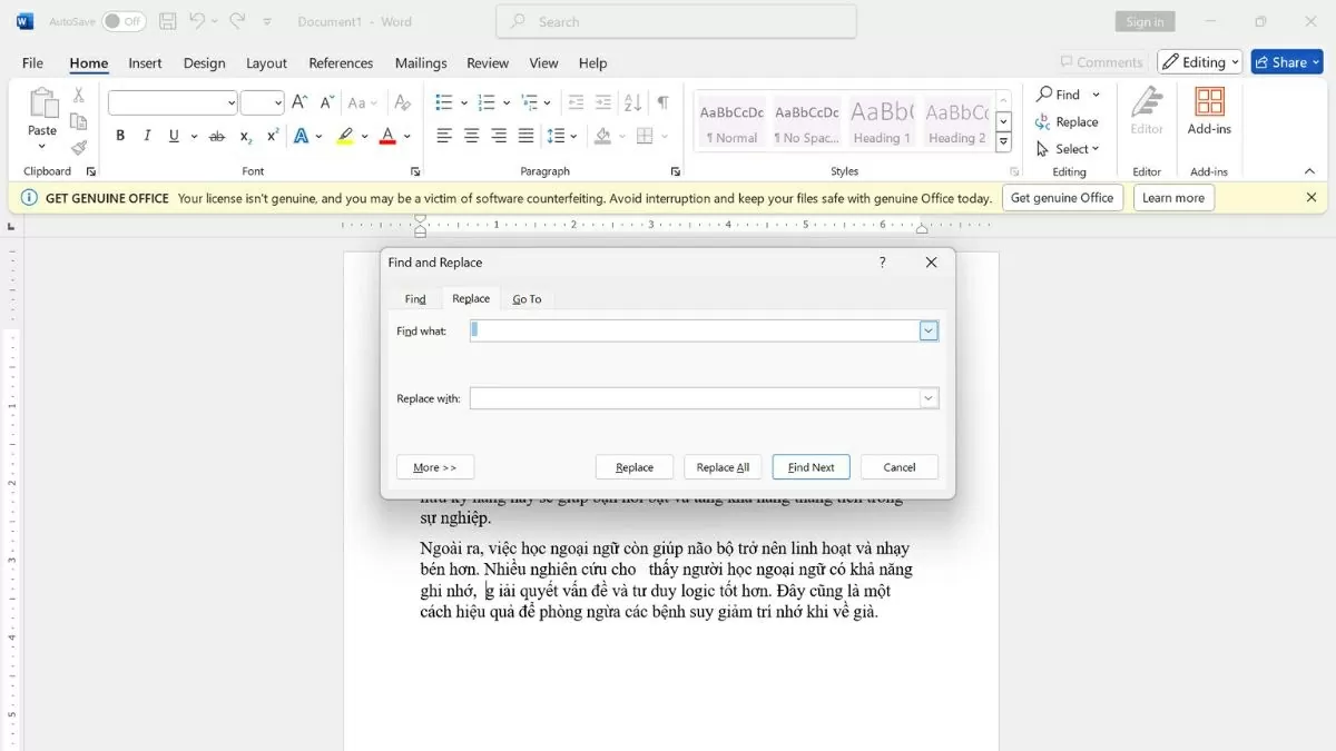 Trong Find & Replace, nhập hai dấu cách theo hướng dẫn