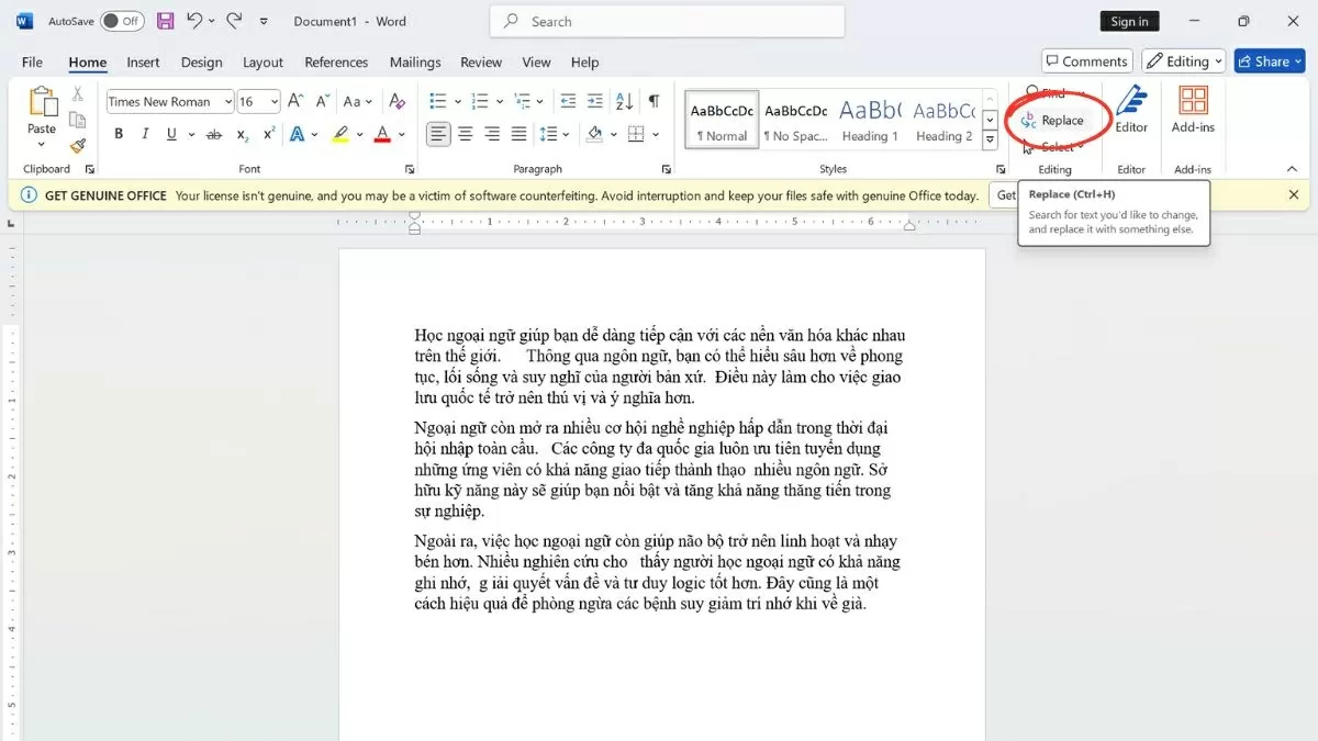 Mở tài liệu và nhấn “Ctrl + H” hoặc chọn “Replace” trong tab “Home”. Mở tài liệu và nhấn “Ctrl + H” hoặc chọn “Replace” trong tab “Home”.