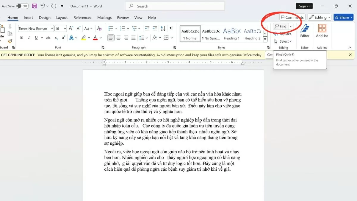 Sử dụng tổ hợp phím “Ctrl + F” hoặc chọn “Tìm kiếm” Sử dụng tổ hợp phím “Ctrl + F” hoặc chọn “Tìm kiếm”