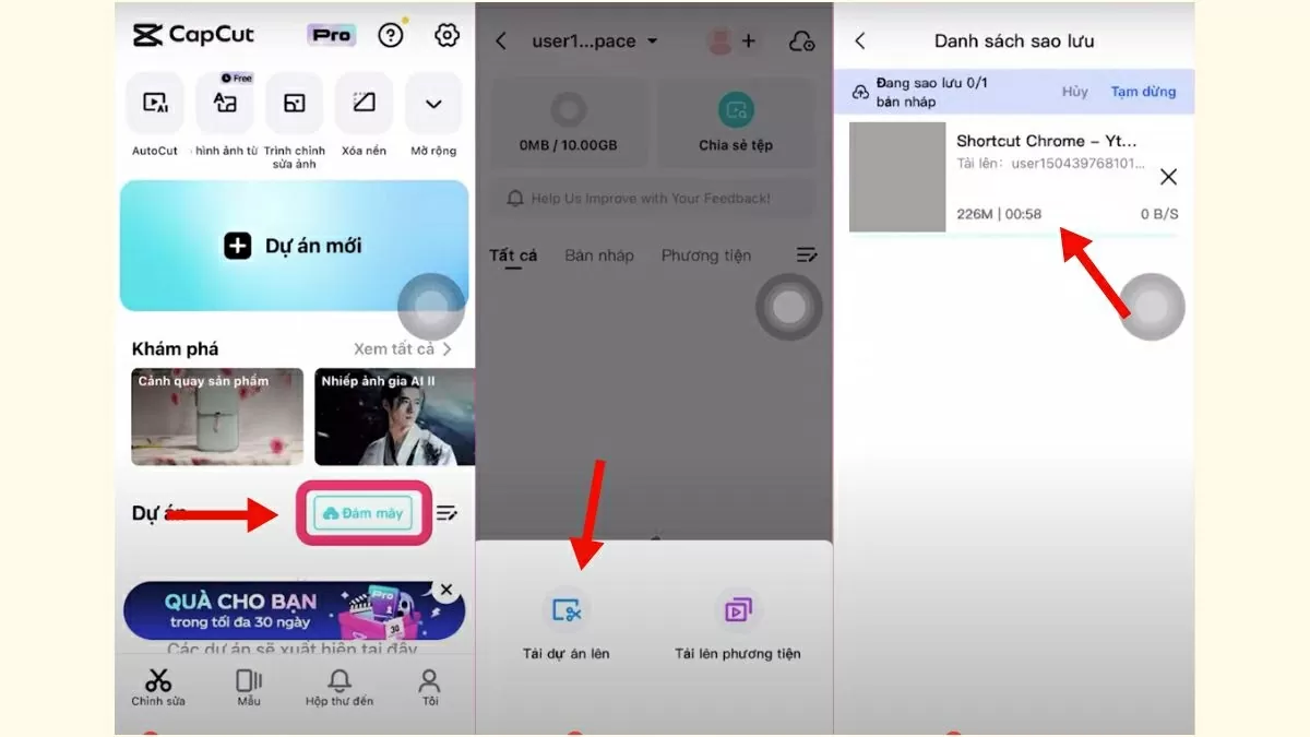 Chọn dự án trên CapCut, nhấn biểu tượng đám mây ở góc trên và chọn “Tải dự án lên”.