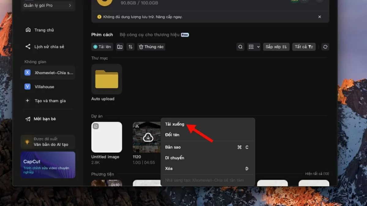 Nhấn biểu tượng ba chấm của dự án và chọn “Download” để tải xuống.