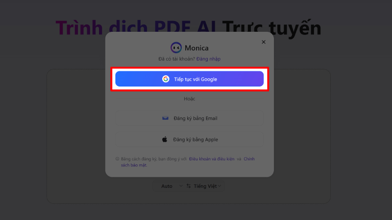 Đăng nhập tài khoản Monica AI. Đăng nhập tài khoản Monica AI.