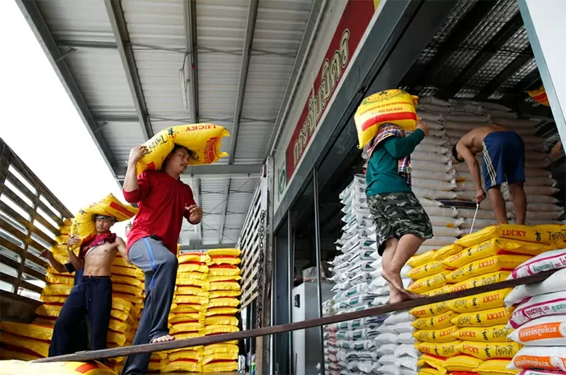 Công nhân mang bao gạo để dỡ hàng tại một chợ gạo bán buôn ở ngoại ô Bangkok, Thái Lan. ASEAN có thể chuyển hướng các chính sách để giúp thúc đẩy sự đa dạng sản xuất trong khu vực. Ảnh: EPA-EFE Công nhân mang bao gạo để dỡ hàng tại một chợ gạo bán buôn ở ngoại ô Bangkok, Thái Lan. ASEAN có thể chuyển hướng các chính sách để giúp thúc đẩy sự đa dạng sản xuất trong khu vực. Ảnh: EPA-EFE