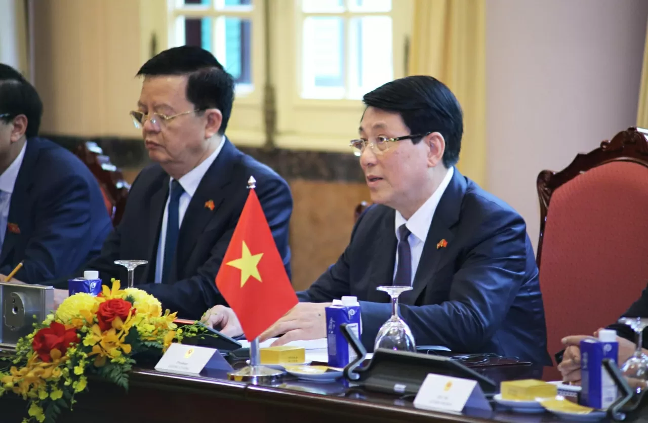 Chủ tịch nước Lương Cường phát biểu tại cuộc hội đàm. (Ảnh: Thành Long)