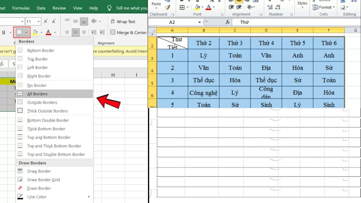 Sử dụng công cụ “Borders” trong tab “Home” để kẻ bảng. Sử dụng công cụ “Borders” trong tab “Home” để kẻ bảng.