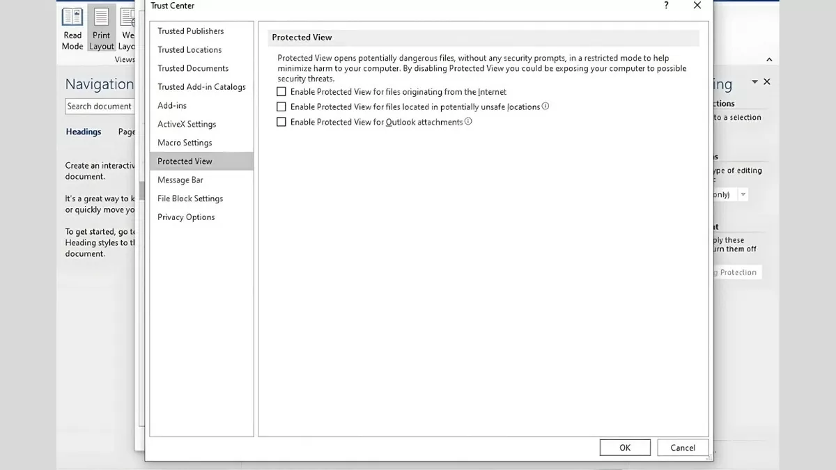Chọn mục Protected View 