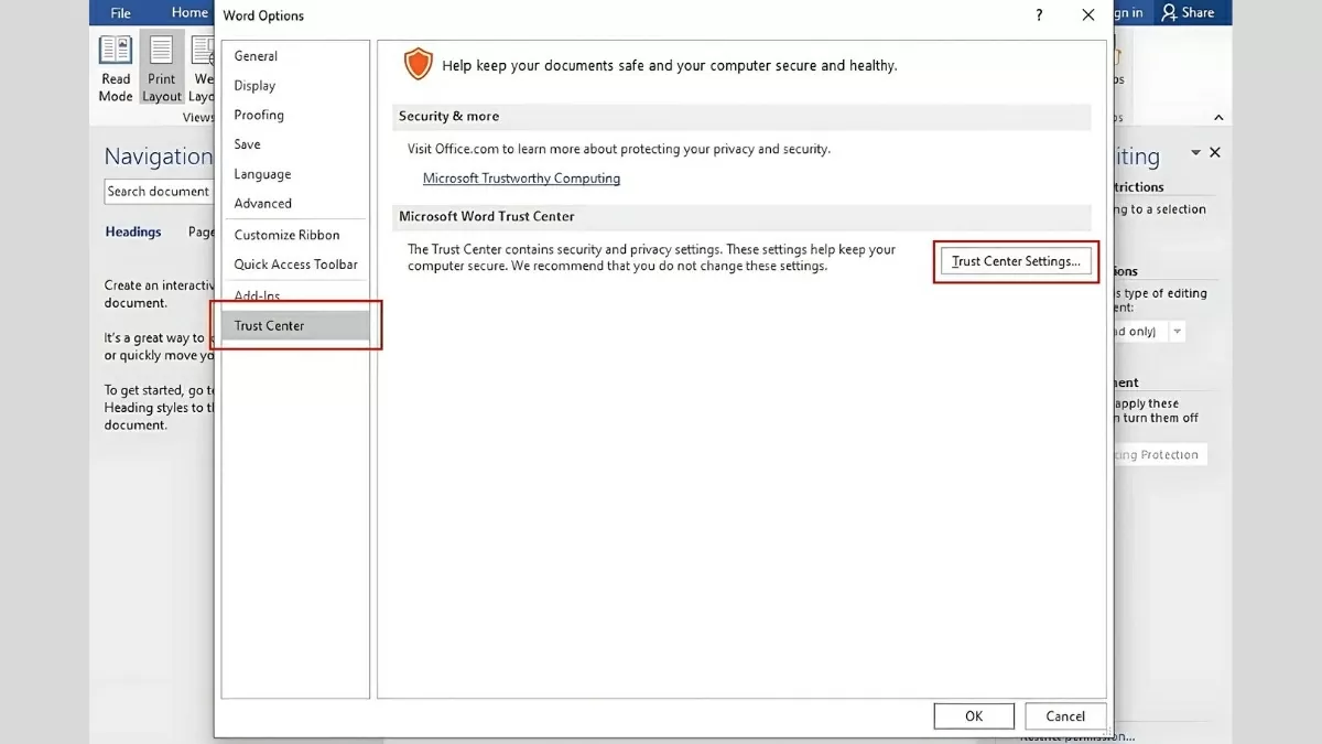 Mở cửa sổ Word Options