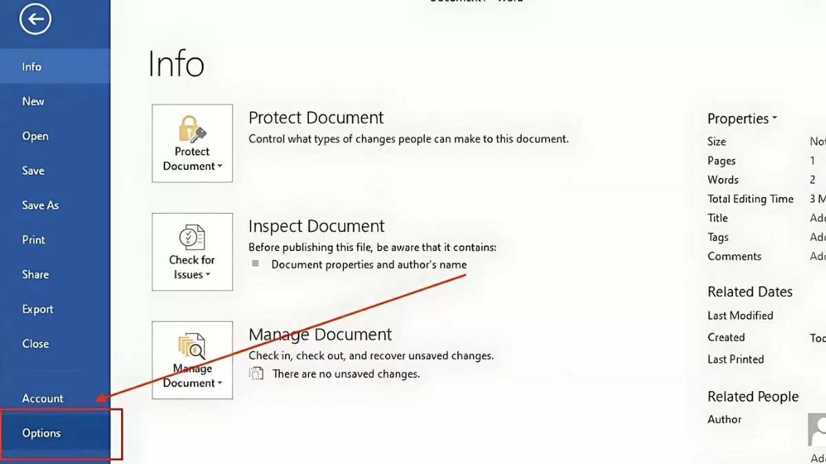 Chọn Options trong menu xuất hiện để truy cập vào cửa sổ Word Options Chọn Options trong menu xuất hiện để truy cập vào cửa sổ Word Options