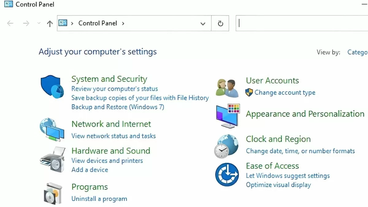 Cửa sổ Control Panel xuất hiện