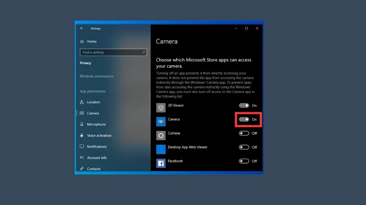 em tùy chọn “Allow apps to access your camera” đã bật chưa em tùy chọn “Allow apps to access your camera” đã bật chưa